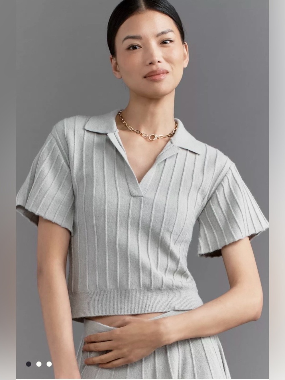 Maeve/Anthropologie Short Sleeve Collared V-Neck Ribbed Sweater in Grey XL NWT